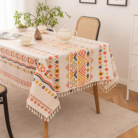 Waterproof Tassels Tablecloth, Bohemian Orange Colorful Table Cloth,White Black,Rectangle for 8 Foot,Fall Summer Dining Table Cover,Mexican,Indoor Outdoor,Farmhouse,Cute Vintage,Cotton