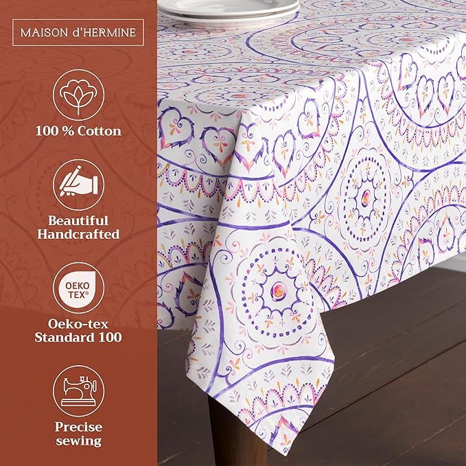 Maison d' Hermine Table Cloth Square Table 100% Cotton 60 x 60 Inches Tablecloth Reusable Decorative Everyday Use for Dining Room, Farmhouse, Home, Party, Festive & Wedding Spring Summer - Mandala
