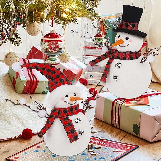 Lulu Home 2 Packs Christmas Snowman Decorations, 15.4" H Snowmen Wearing Buffalo Check Scarfs & Hats, Xmas Plush & Foam Tabletop Ornaments for Mantel Fireplace Window Sill Holiday Decor