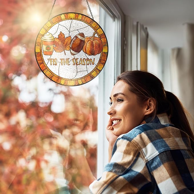 FLAGWIX Fall Decorations for Home - Stained Glass Window Hanging 8in - Autumn Sun Catchers Indoor Window, Fall Gifts for Women Men, Thanksgiving Decorations Sun Catcher, Thanksgiving Gifts for Mom Dad