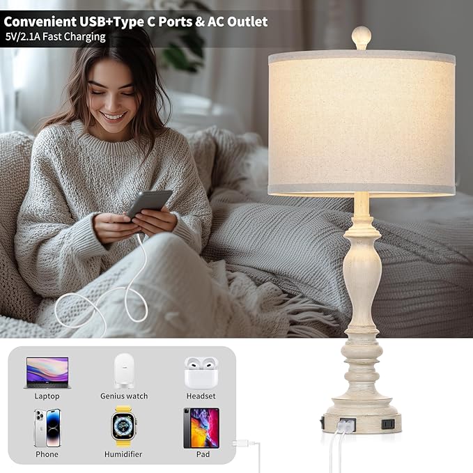 28" Table Lamps with USB C+A Ports & AC Outlets, Farmhouse Rustic Table Lamps Set of 2, Vintage End Table Nightstand Resin Bedside Lamp for Living Room Bedroom, Fabric Linen Shade Washed Antique Beige