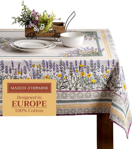 Maison d' Hermine Table Cloth Rectangle Table 100% Cotton 60 x 108 Inches Tablecloth Reusable Decorative for Dining Room, Farmhouse, Home, Party, Festive & Wedding Spring Summer - Fanny Lavender