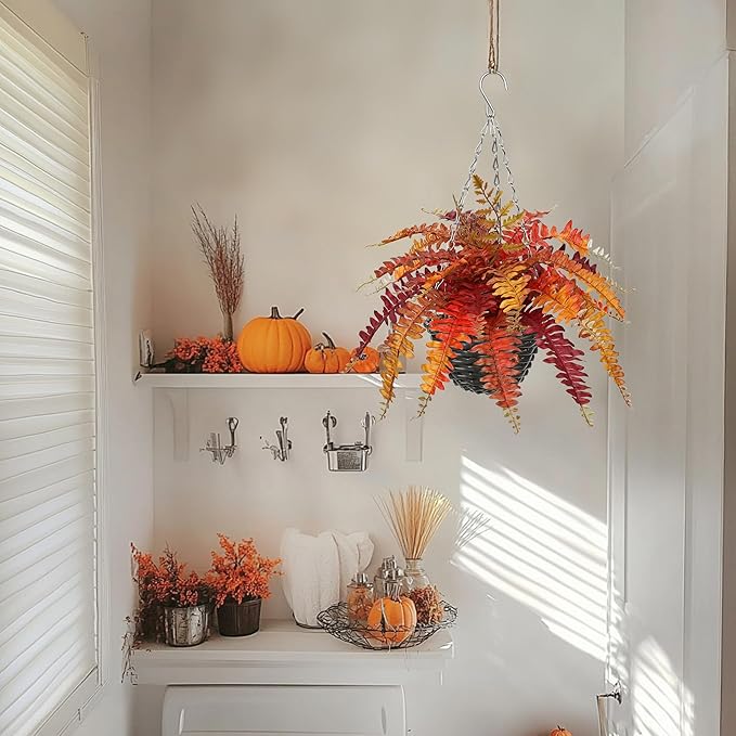 Hollyone Fall Hanging Baskets Small Artificial Fern Orange 21 Leaves Fall Hanging Decor Plant Boston Ferns Silk Plants with Black Rattan Baskets Outdoors Indoor Fake Fern Autumn Decorations for Home