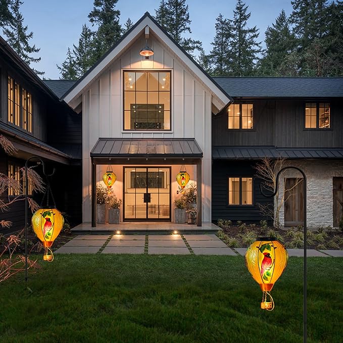Large Hot Air Balloon Cardinal Solar Lantern Lights with Flame, Green Glass Balloon Lantern Waterproof Outdoor Decor for Garden Yard Patio, Birthday Mother's Day Gifts for Moms Women