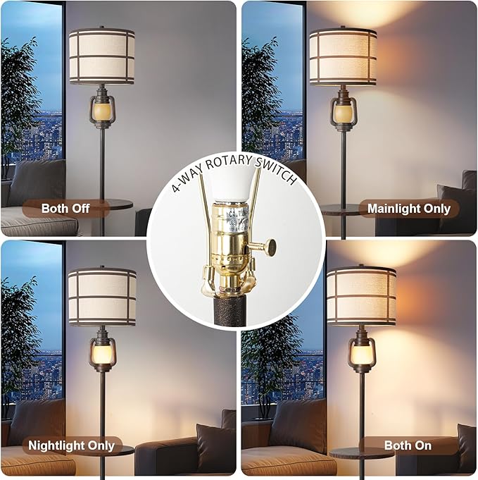 Rustic Farmhouse Metal Tray Floor Lamp For Living Room With Nightlight Vintage Tall Lamp With Linen Fabric Shade Industrial Standing Lamp For Bedroom Office Home House Study (Bulb Included)