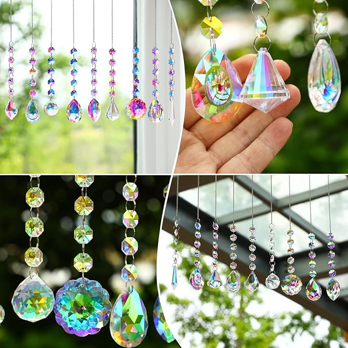 KANPURA 9 PCS Crystal Rainbow Suncatchers, Hanging Crystals Sun Catchers with Chain for Windows, Colorful Suncatcher Prism Pendant Hanging Crystals for Home Wedding Decor
