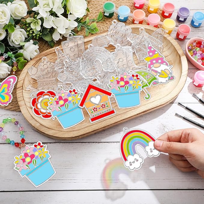 30 Sets Suncatchers Window Art Kits, DIY Sun Catchers Bulk Crafts Paint Your Own Window Ornaments for Boys Girls Classroom Home Party Birthday Activity Decor(Spring Style)