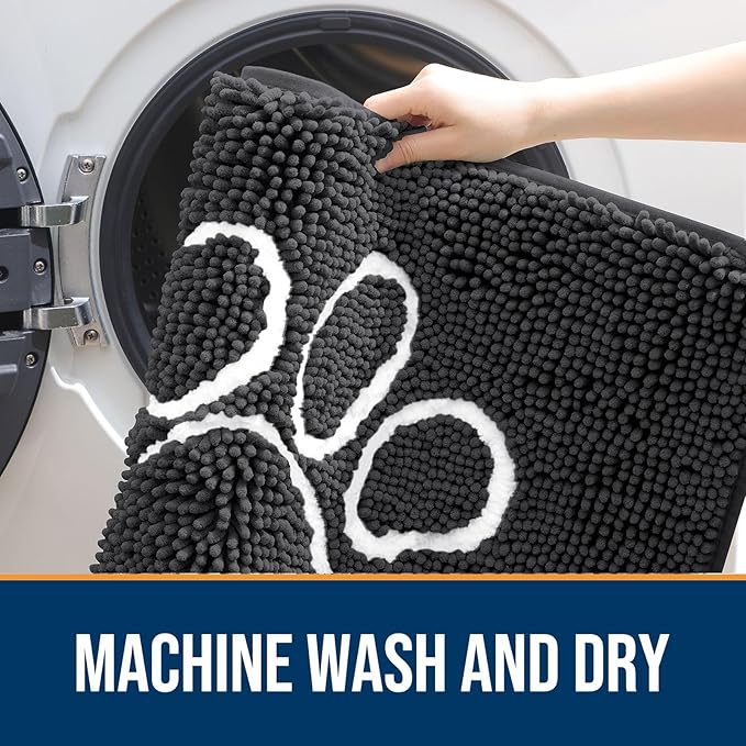 OLANLY Dog Door Mat for Muddy Paws 70x46, Paw Print Design, Absorbs Moisture and Dirt, Absorbent Non-Slip Washable Doormat, Quick Dry Chenille Mud Mat for Dogs, Entry Indoor Entryway Carpet, Dark Grey