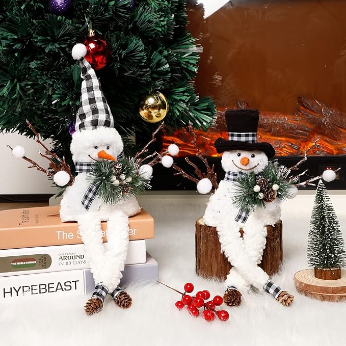 Lulu Home Christmas Snowman Decorations, Set of 2 Plush Shelf Sitters with Dangling Legs, Buffalo Checked Christmas Snowman Ornaments for Table Mantel Desk Fireplace Home Holiday Decor