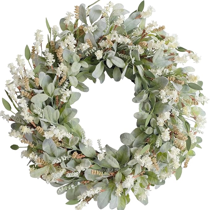 24 Inch Summer Spring Ivory Flowers Wreath for Front Door, Everyday Lamb Ears Leaves Wreath with White Artificial Flower for Indoor and Outdoor, Rustic and Farmhouse Greenery Flower