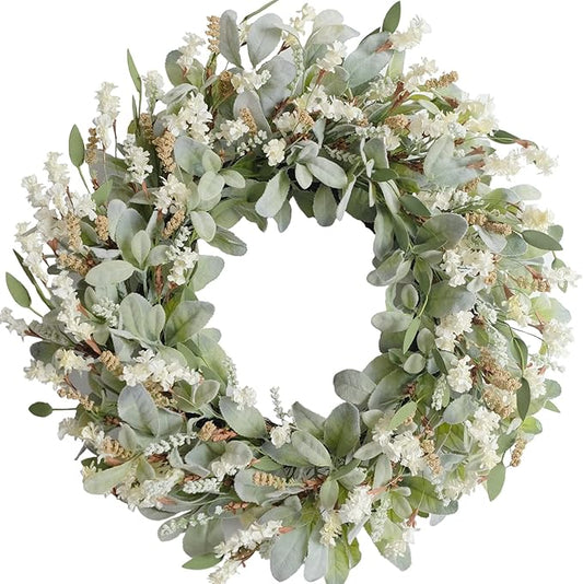 24 Inch Summer Spring Ivory Flowers Wreath for Front Door, Everyday Lamb Ears Leaves Wreath with White Artificial Flower for Indoor and Outdoor, Rustic and Farmhouse Greenery Flower