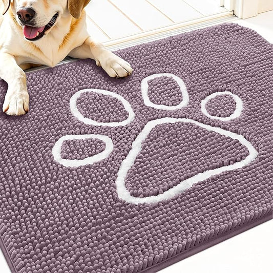 OLANLY Dog Door Mat for Muddy Paws 30x20, Paw Print Design, Absorbs Moisture and Dirt, Absorbent Non-Slip Washable Doormat, Quick Dry Chenille Mud Mat, Entry Indoor Entryway Carpet, Deep Plum