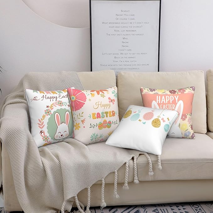 Easter Throw Pillow Covers 18 x 18 Inch Set of 4 Happy Easter Eggs Bunny Rabbits Pink Spring Decor Cushion Covers for Home Sofa Couch Decoration