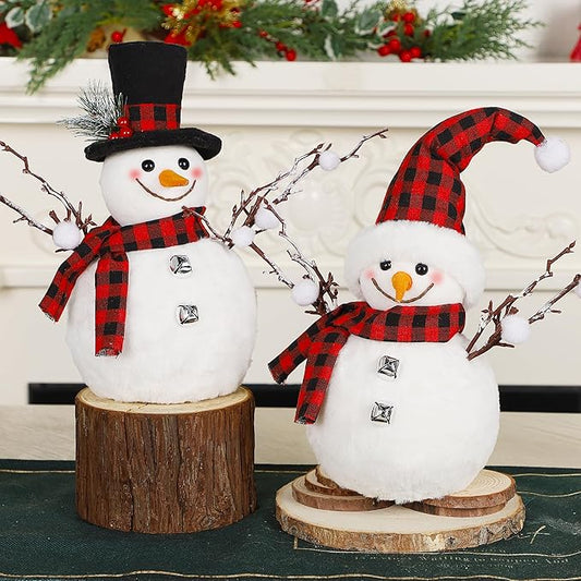 Lulu Home 2 Packs Christmas Snowman Decorations, 15.4" H Snowmen Wearing Buffalo Check Scarfs & Hats, Xmas Plush & Foam Tabletop Ornaments for Mantel Fireplace Window Sill Holiday Decor