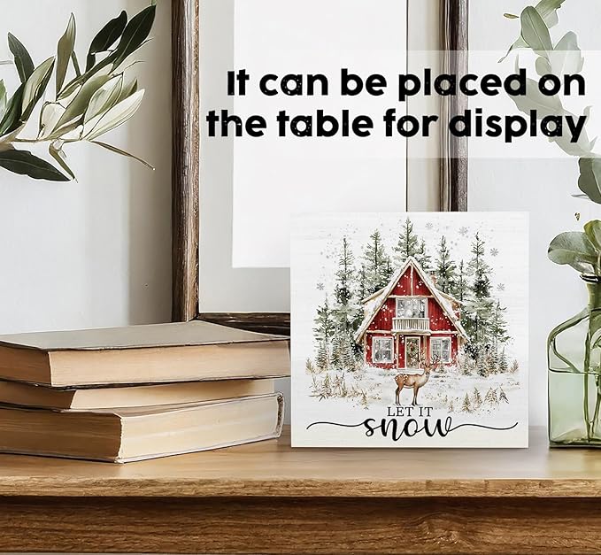 Let It Snow Sign, Winter Christmas Wooden Box Sign, Farmhouse Christmas Decorations, Farmhouse Winter Reindeer Wood Signs For Home Office Desk Table Shelf Decor, 6x6 Inch