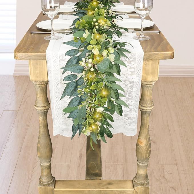 Artgar Eucalyptus Garland with Lights - 6 Ft Greenery Garland - Artificial Silver Dollar Olive Garlands, Spring/Summer Green Garlands for Indoor Outdoor Home Decor Wedding Arches Backdrops Table Decor