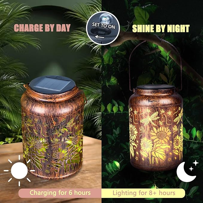 Solar Lanterns, Hanging Solar Lights for Outside, Dragonfly Sunflower Outdoor Lantern, Waterproof Garden Decor for Porch, Yard, Deck, Lawn, Backyard, Patio, Tabletop, Pathway, Landscape