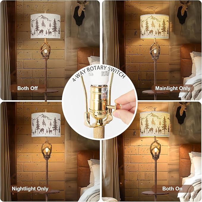 Vintage Deer Antlers Floor Lamps For Living Room with Night Light, Rustic Tall Lamp Decor For Bedroom with Metal Tray. Farmhouse Standing Lamp For Home Office Study Restaurant (Bulb Included)