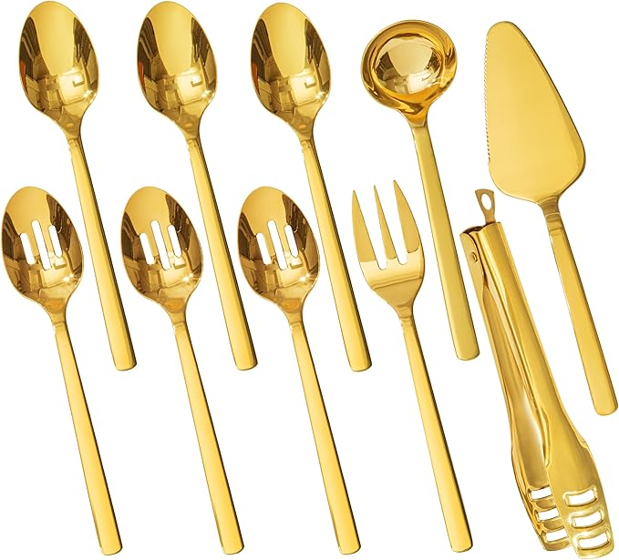 KINGSTONE Large Hostess Gold Serving Utensils Set, Heavy Duty 18/10 Stainless Steel - 10 inch Serving Spoons, Slotted Spoons, Forks, Tongs, Cake Pie Server for Buffet, Wedding, Party