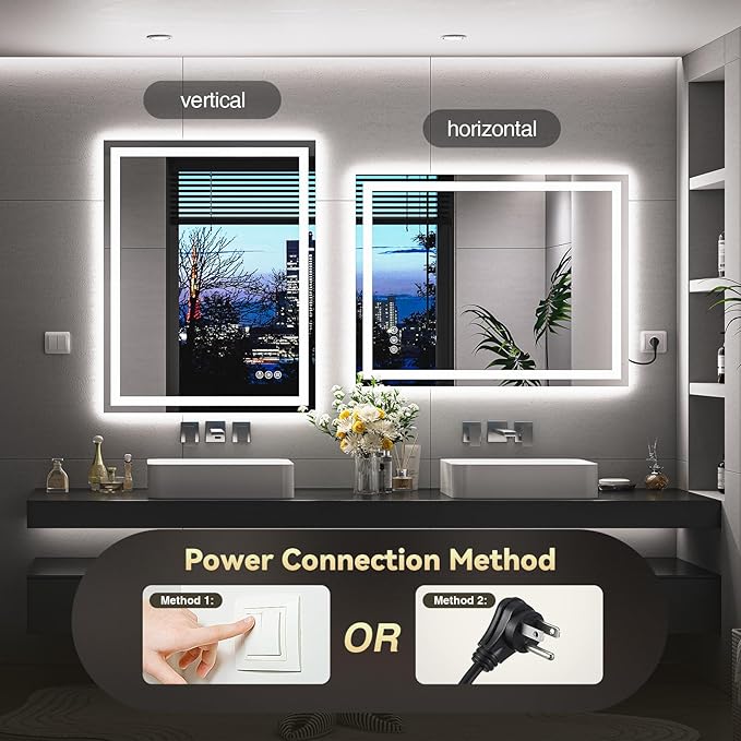 Brightify LED Bathroom Mirror, 40"x32" LED Mirror for Bathroom-Front & Backlit, 3 Colors Dimmable, Anti-Fog Wall Mounted, Vanity Mirror with Lights, Shatter-Proof, Memory (Horizontal/Vertical)