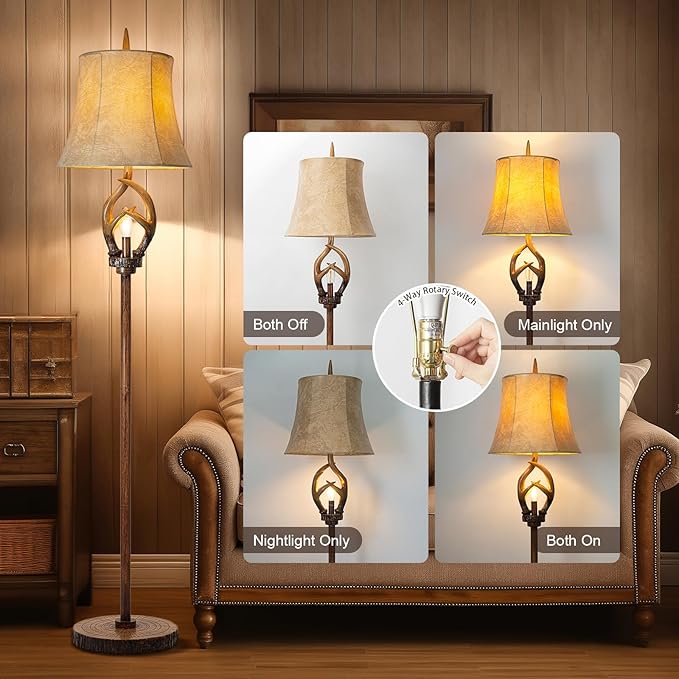 Scenekoy Rustic Farmhouse Antlers Floor Lamp with Night Light Faux Leather Bell Shade Brown Finish Tall Industrial Tall Standing Lamp Decor for Living Room Bedroom Hotel Office (Bulb Included)