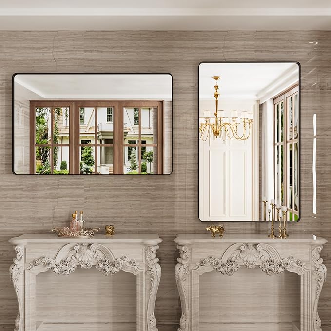 48X30 Inch Black Bathroom Mirror, Black Metal Framed Mirror for Wall, Rounded Rectangle Matte Bathroom Vanity Mirror with Tempered Glass, Anti-Rust, Horizontal/Vertical