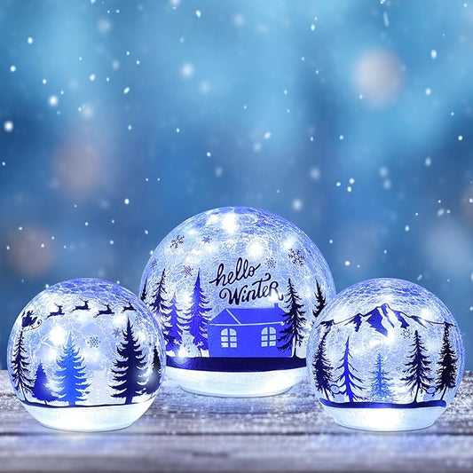 YEAHOME Christmas Decorations Indoor, Set of 3 Crackle Glass Ball with LED Lights Christmas Tree Snowman, Christmas Table Decorations Hello Winter Globes with Timer for Home Mantel Fireplace Decor