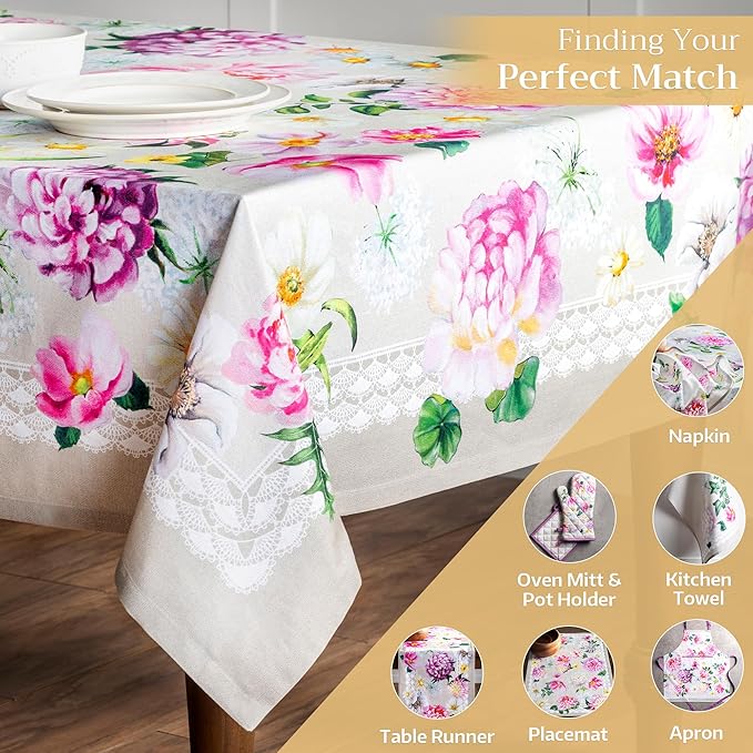 Maison d' Hermine Table Cloth Rectangle Table 100% Cotton 60 x 108 Inches Tablecloth Reusable Decorative Everyday Use for Dining Room, Farmhouse, Home, Party, Festive & Wedding Spring Summer - Pivoine