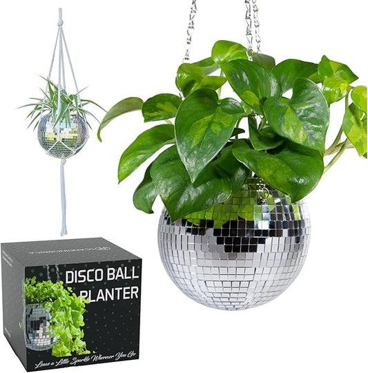 SCANDINORDICA Disco Ball Planter – Value Package: Mirror Disco Planter with Chain, Macrame Hanger and Acrylic Stand for Desk, Includes Self Watering Insert, Disco Ball Decor | 6 inch Silver