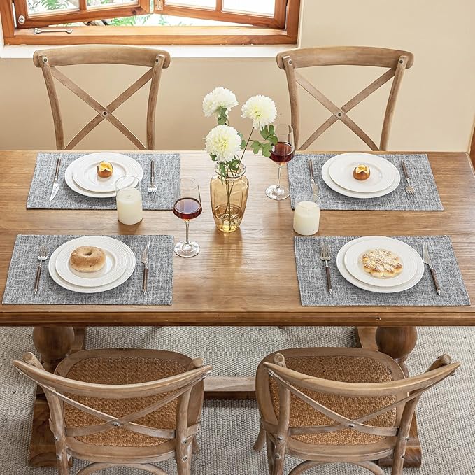 Blue Forest Placemats Set of 4, Dual-Layered Thickened Faux Linen Cloth Place Mats Heat Resistant Machine Washable Wrinkle Free Table Mats Indoor/Outdoor (Light Grey)