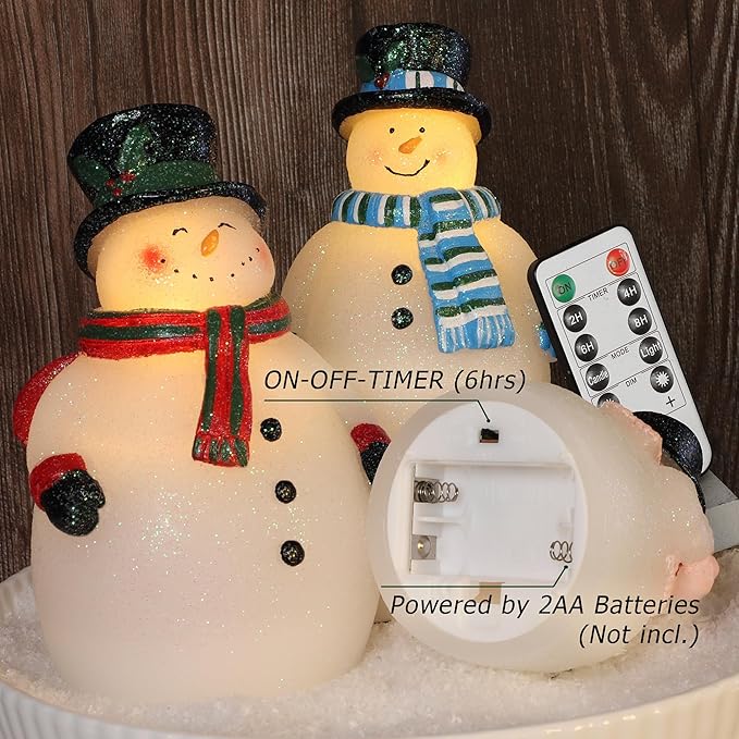 Flameless LED Candles Christmas Holiday Hand-Carved Snowman Sculptures Art Decor Real Wax Battery Operated Dimmable with Remote Timer Flickering Light Xmas Gift Home Room Table Ornaments