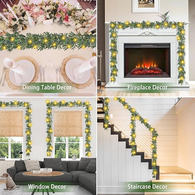 Artgar Eucalyptus Garland with Lights - 6 Ft Greenery Garland - Artificial Silver Dollar Olive Garlands, Spring/Summer Green Garlands for Indoor Outdoor Home Decor Wedding Arches Backdrops Table Decor