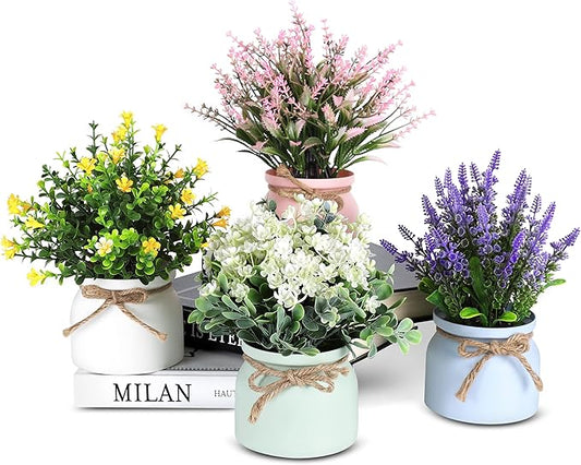 Fake Potted Plants - 4pcs Artificial Plants & Flowers in Macaron Pot Small Faux Plants Indoor Fake Plant Decor, Desk Plant for Home Bathroom Kitchen Shelf Office Decor