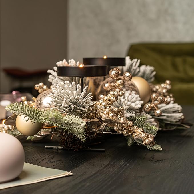 YULETIME 28" Christmas Triple Candelabrum, Holiday Candle Holder with Three Trays, Gold Baubles, Golden Berries & Leaves, Snowy Flocked Pine Needles