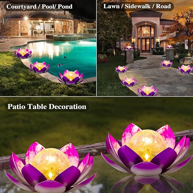 Solar Light Outdoor(2Pack), Art Crackle Globe Glass Lotus Decoration, Solar LED Waterproof Purple Metal Flower Lights for Patio,Lawn,Walkway,Tabletop