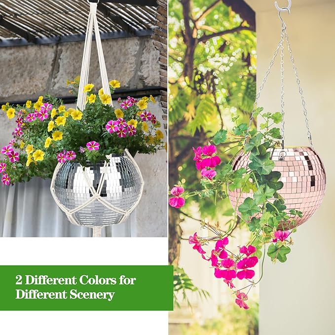 Disco Ball Planter, 1pcs 9” Silver Disco Ball Planter, Disco Ball Plant Hanger with Hanging Rope, Hanging Chain, Hook, Circle and Extra Mirror Pieces(9" Silver, 1pcs)