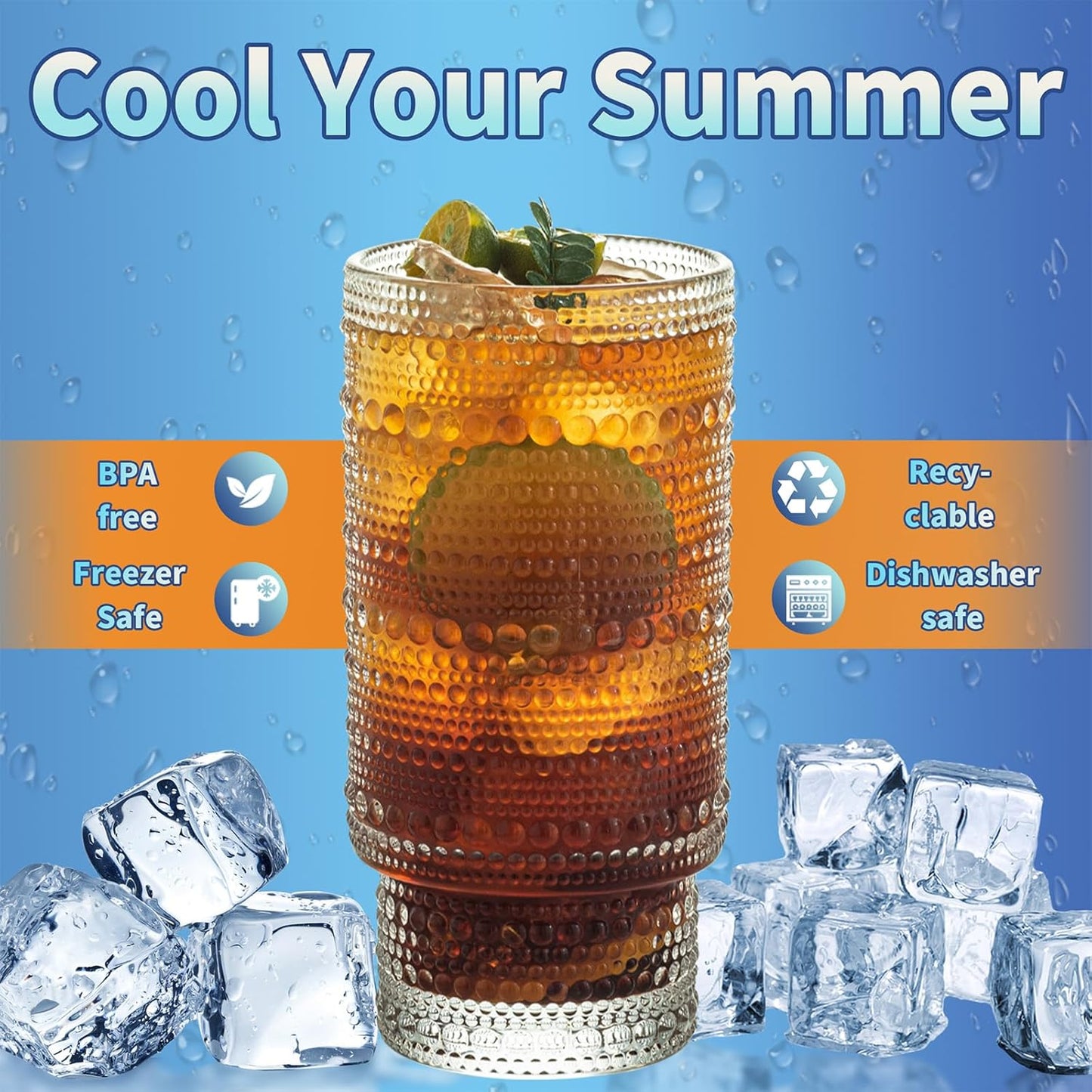 Romantic Highball Drinking Glasses Set of 4, Beaded Glassware, 16oz XL Hobnail Glassware, Vintage Glassware Set, Embossed Vintage Drinking Glasses for Beer, Cocktail, Soda (4PCS-16oz with lid)