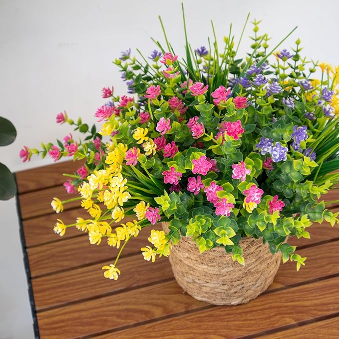 12 Bundles Fake Flowers, Artificial Flowers for Outdoors UV-Resistant No Fade Fake Plants for Planters Porch Home Garden Porch Patio Decoration Outdoor Indoor – Fall & Summer Decor