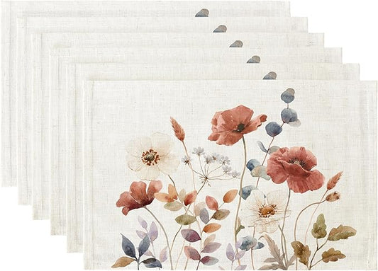 LilyCat Linen Fabric Floral Placemats, Waterproof Durable Boho Dining Table Mats for Kitchen, Rustic Vintage Washable Place Mats Set of 6, 18’’× 12’’
