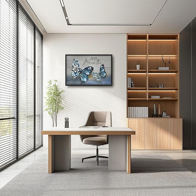 Lovira Blue Butterfly Large Wall Art Just Breathe Canvas Wall Decor Pictures Prints Painting Framed Artwork for Living Room Bedroom Bathroom Kitchen Office 24"x36"