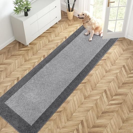 PURRUGS Dirt Trapping Door Mat 24" x 96", Non-Slip/Skid Machine Washable Entryway Rug, Shoes Scraper, Throw Rug, Super Absorbent Area Rug for Muddy Wet Shoes and Paws, Light Grey & Grey