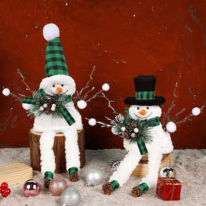 Lulu Home Christmas Snowman Decorations, Set of 2 Plush Shelf Sitters with Dangling Legs, Black & Green Checked Snowman Ornaments for Table Mantel Desk Fireplace Home Holiday Decor
