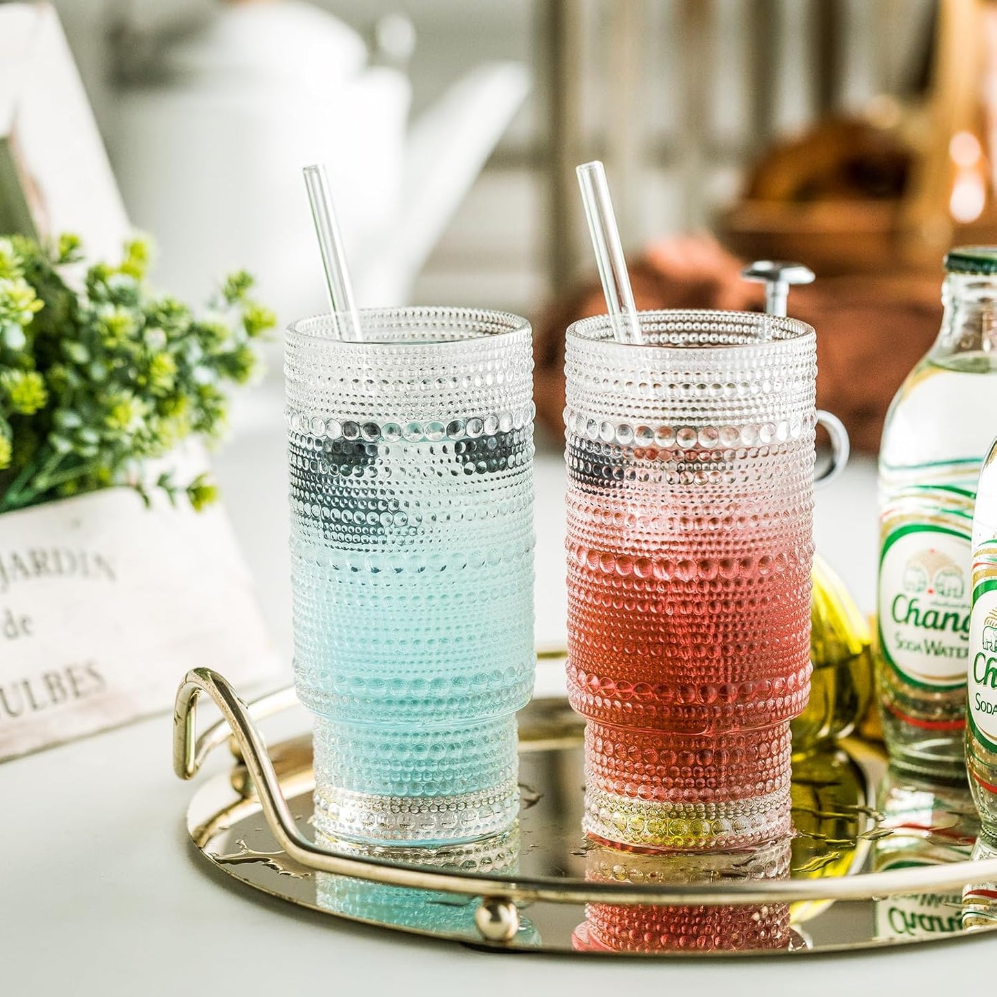 KEMORELA Glass Cups Vintage Glassware Set of 6 Large, Hobnail Drinking Glasses, 16oz Glass Cups With Straws, Romantic Hobnail Highball Glasses, Bar Beverages Ice Coffee Cup Glassware