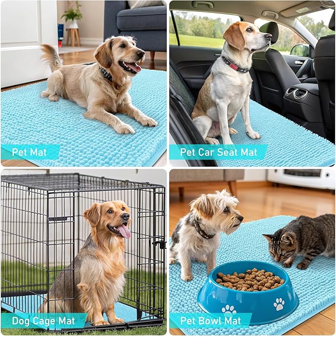 OLANLY Dog Door Mat for Muddy Paws 59x35, Absorbs Moisture and Dirt, Absorbent Non-Slip Washable Doormat, Quick Dry Chenille Mud Mat for Dogs, Entry Indoor Entryway Carpet for Inside Floor, Blue