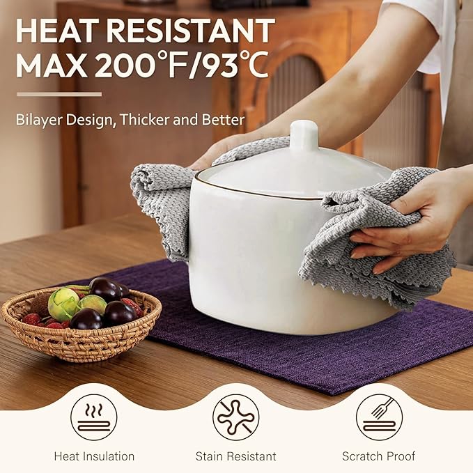 Blue Forest Placemats Set of 8, Dual-Layered Thickened Faux Linen Cloth Place Mats Heat Resistant Machine Washable Wrinkle Free Table Mats Indoor/Outdoor (Purple)