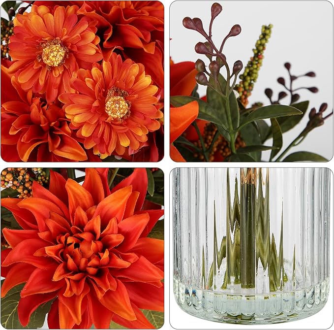 Briful Fake Fall Flowers with Vase, Artificial Dahlia & Mum Silk Floral Arrangement with Glass Vase Faux Autumn Flowers Bouquet for Home Office Room Coffee Table Centerpiece Wedding Decoration