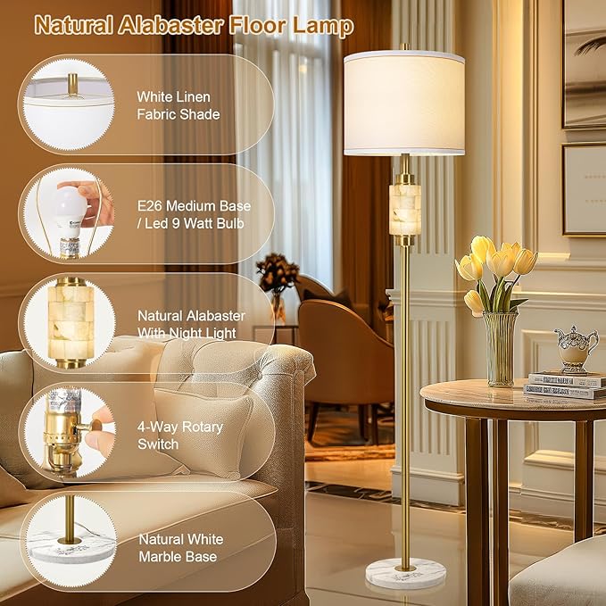 Natural Alabaster Floor Lamp, Floor Lamps for Living Room, Standing Lamp with Night Light, Linen Shade, Marble Base, Gold Floor Lamp, Tall Lamp for Bedroom, Living Room,Office(Bulb Included)