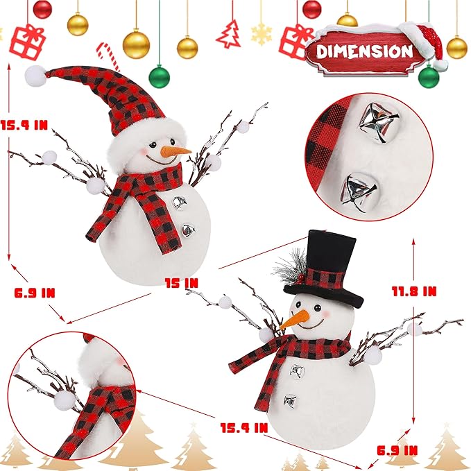 Lulu Home 2 Packs Christmas Snowman Decorations, 15.4" H Snowmen Wearing Buffalo Check Scarfs & Hats, Xmas Plush & Foam Tabletop Ornaments for Mantel Fireplace Window Sill Holiday Decor