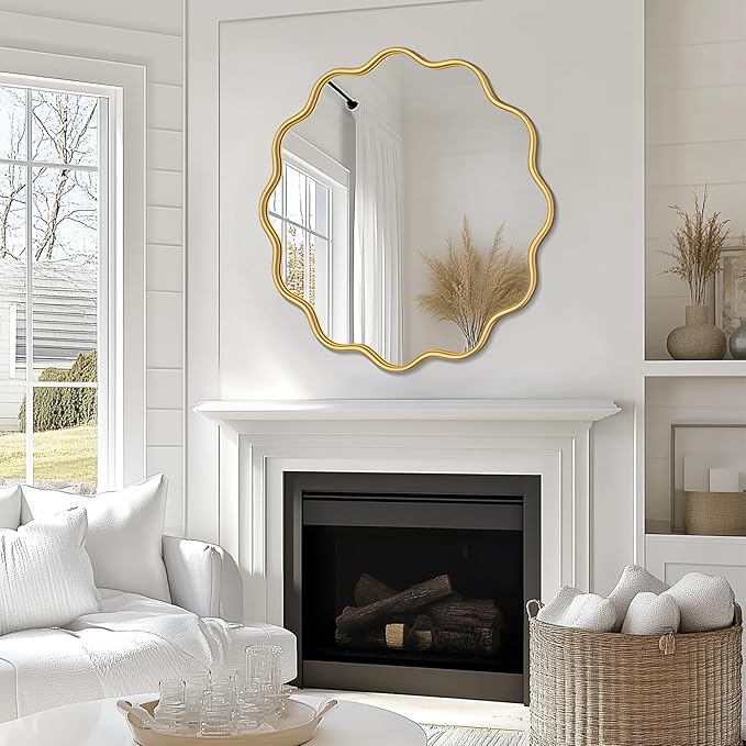 PROHOMEWARE Gold Round Mirror 32 Inch Wavy Bathroom Vanity Mirror Gold Frame Modern Wall Mirror Decorative Wall-Mounte Anti-Rust, Tempered Glass