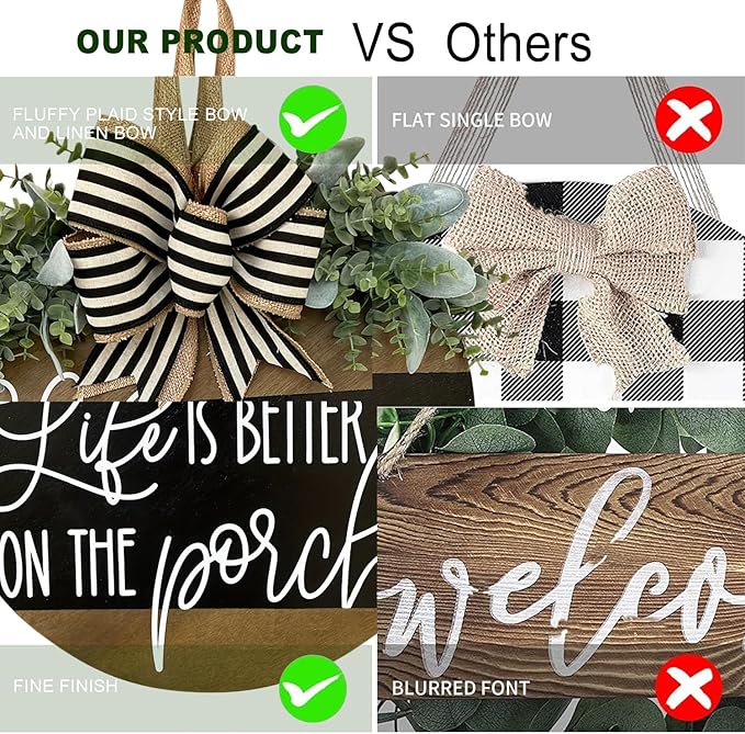 Life Is Better On The Porch Welcome Sign for Front Door, Rustic Round Wooden Wreaths Wall Hanging Outdoor Decor,Holiday Spring Summer Winter Fall Porch Fence Decorations for Home Gifts